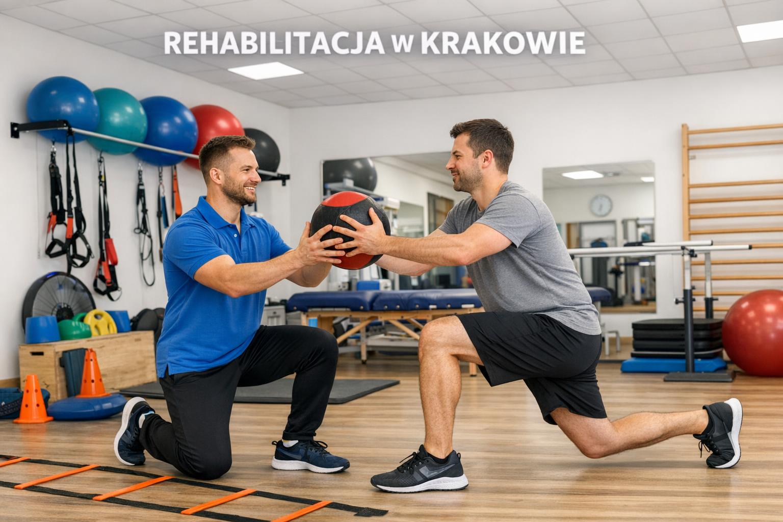 Rehabilitacja w Krakowie - terapeuta prowadzi ćwiczenia funkcjonalne z pacjentem na sali