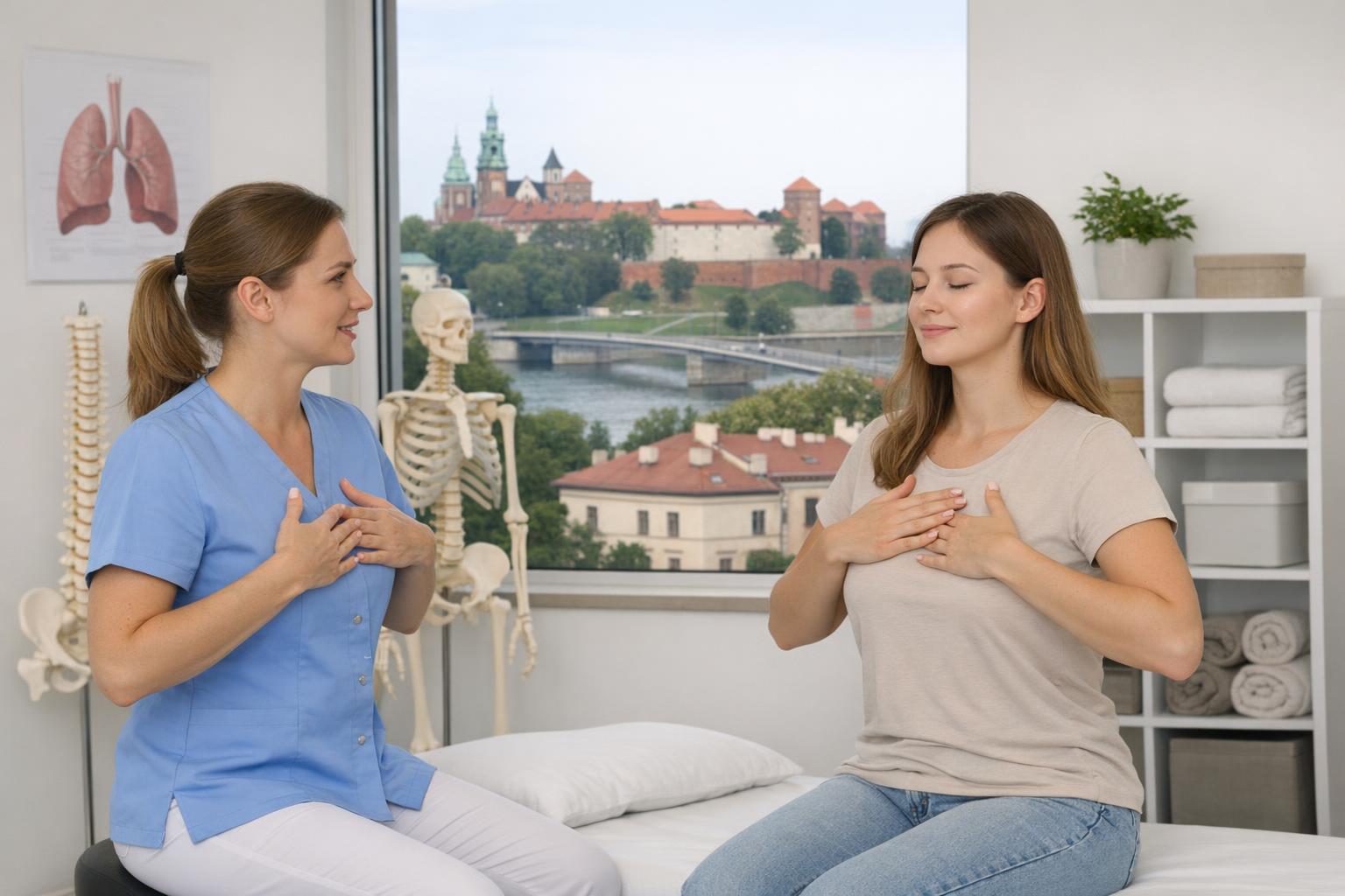 Zdjęcie: fizjoterapeutka pokazująca ćwiczenia oddechowe młodej mamie w gabinecie w Krakowie
