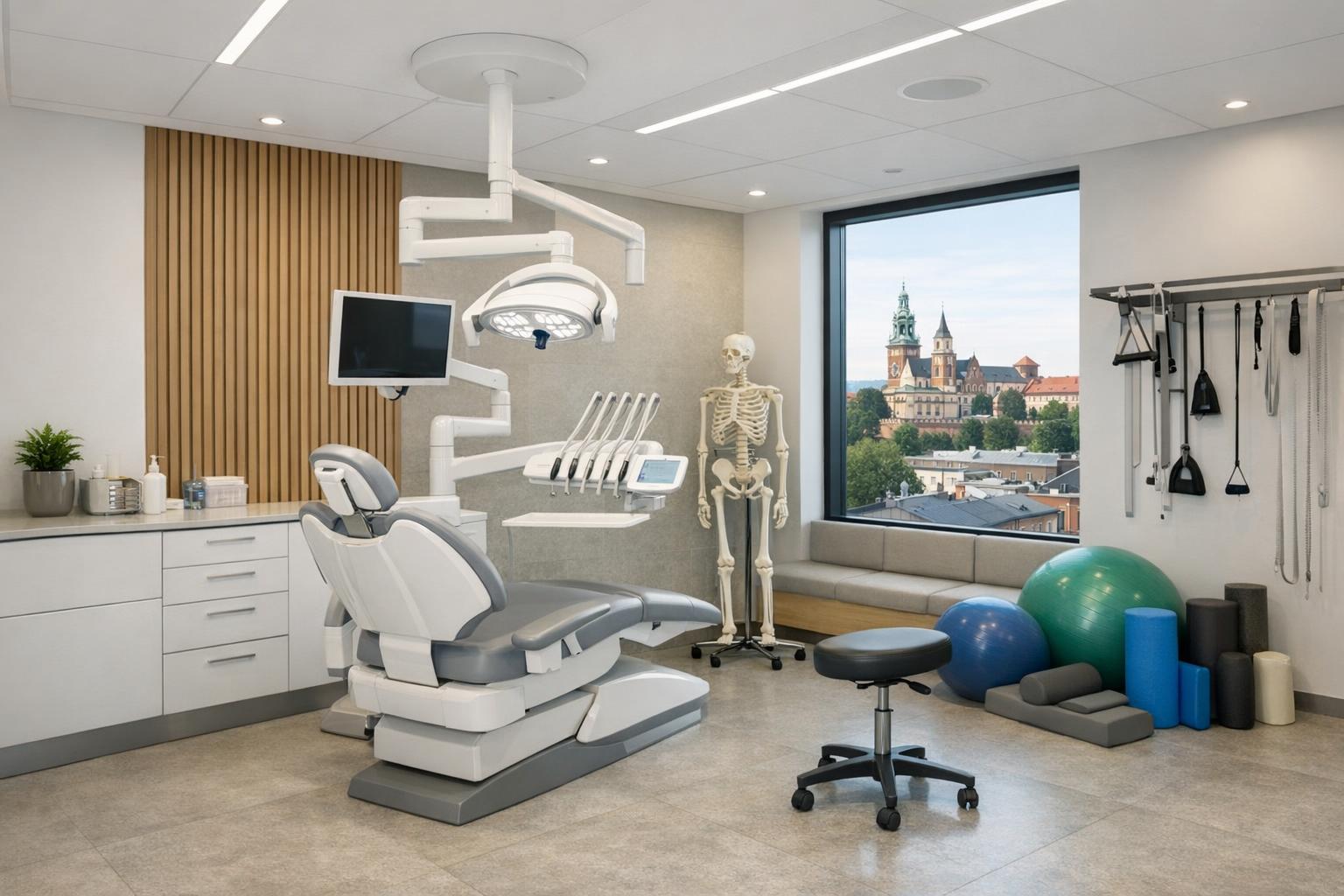 Wnętrze nowoczesnego gabinetu rehabilitacji stomatologicznej w Krakowie