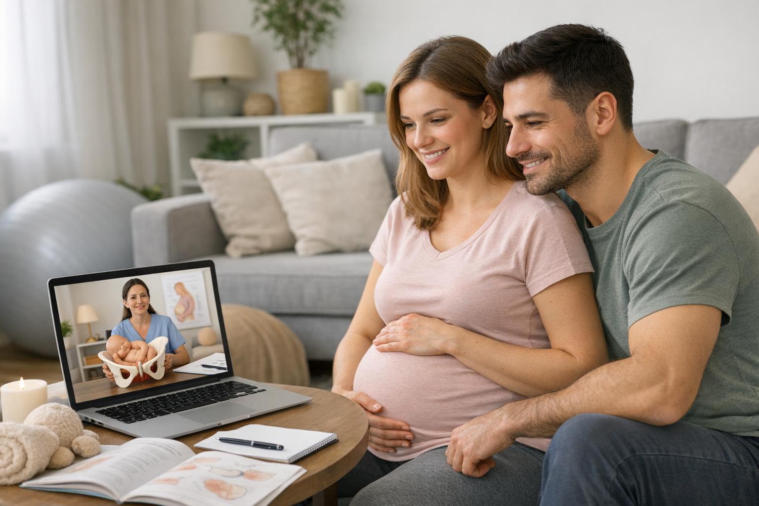 kobieta i partner podczas kursu online przygotowujący się do porodu