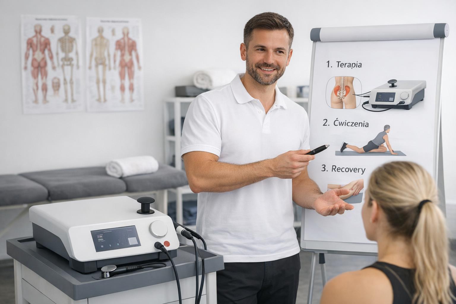 Fizjoterapeuta przedstawiający plan rehabilitacji z użyciem urządzenia Indiba